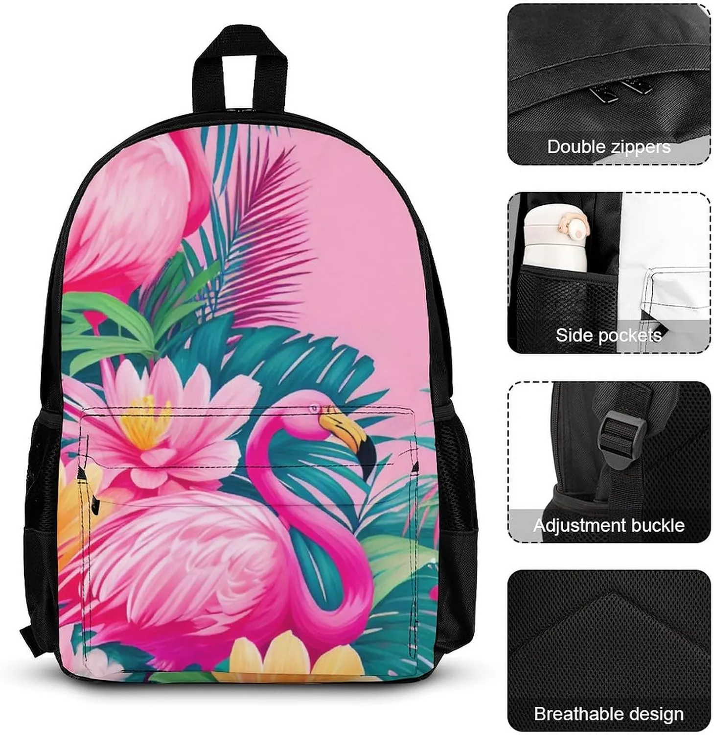 3 Piece Daypack Large Capacity Bookbag Backpack for High Outdoors Running - Flamingos Flower Palm Pink Summer Holiday Art, Travel Hiking Backpack,Lunch Bag and Pencil Bag, One Size