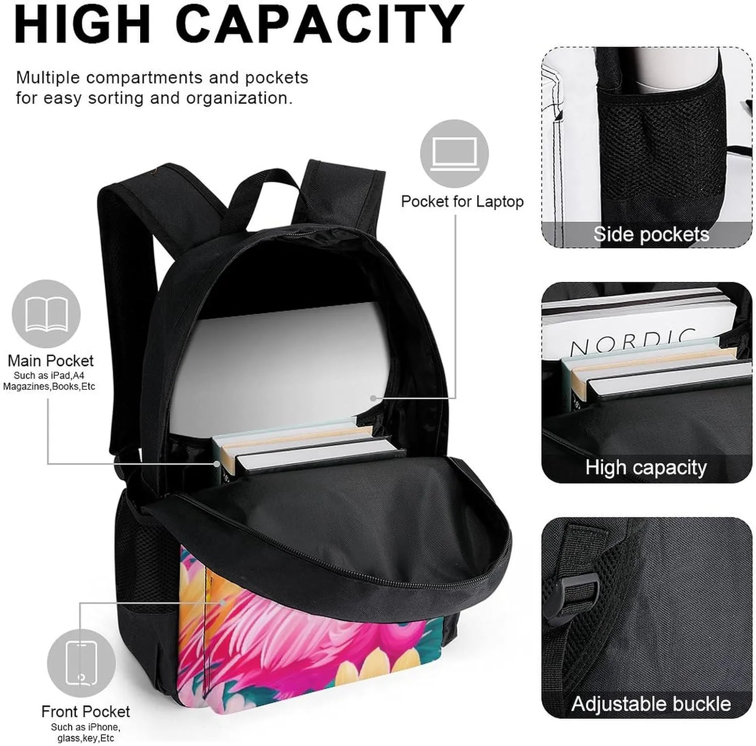 3 Piece Daypack Large Capacity Bookbag Backpack for High Outdoors Running - Flamingos Flower Palm Pink Summer Holiday Art, Travel Hiking Backpack,Lunch Bag and Pencil Bag, One Size