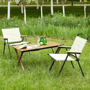 3-Piece Folding Picnic Table with 2 Chairs, Lightweight Aluminum Travel Portable Table Set with Folding Chairs, Outdoor Camping Table for Hiking, Beach, Garden, Patio, BBQ, Brown Beige