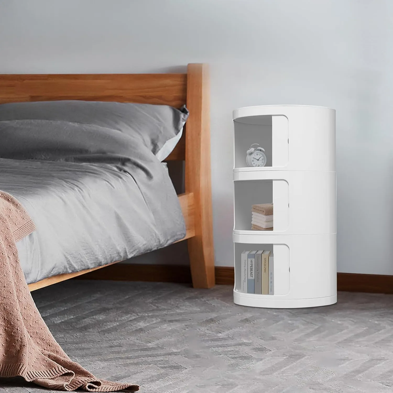 3 Tier Rounded Cabinet, Round Nightstand Detachable End Table with Storage Lightweight Side Table, Round End Table with Storage for Living Room Bedroom Bathroom Kitchen (White)