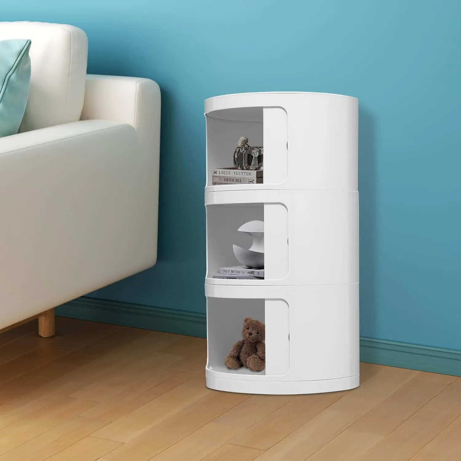 3 Tier Rounded Cabinet, Round Nightstand Detachable End Table with Storage Lightweight Side Table, Round End Table with Storage for Living Room Bedroom Bathroom Kitchen (White)