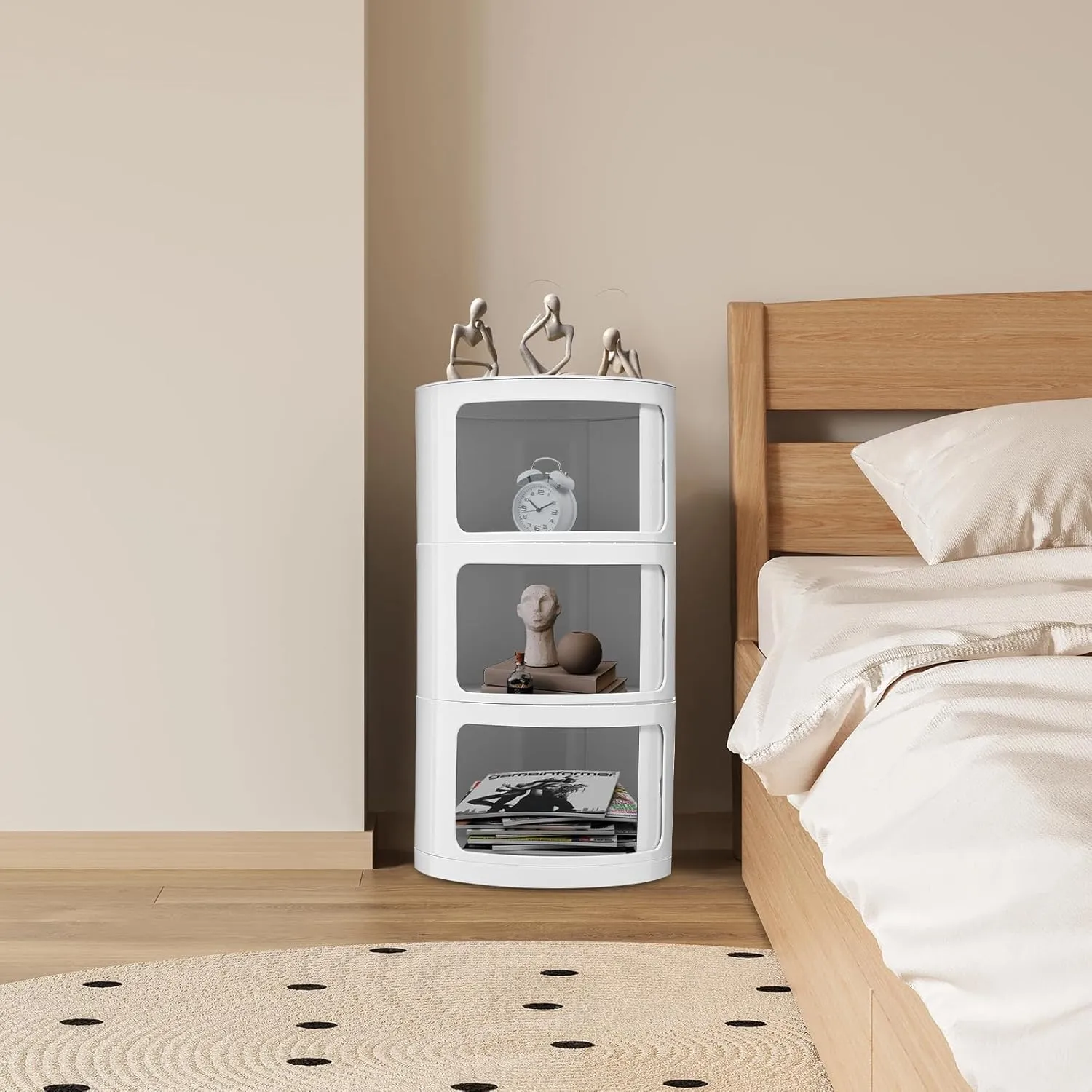 3 Tier Rounded Cabinet, Round Nightstand Detachable End Table with Storage Lightweight Side Table, Round End Table with Storage for Living Room Bedroom Bathroom Kitchen (White)