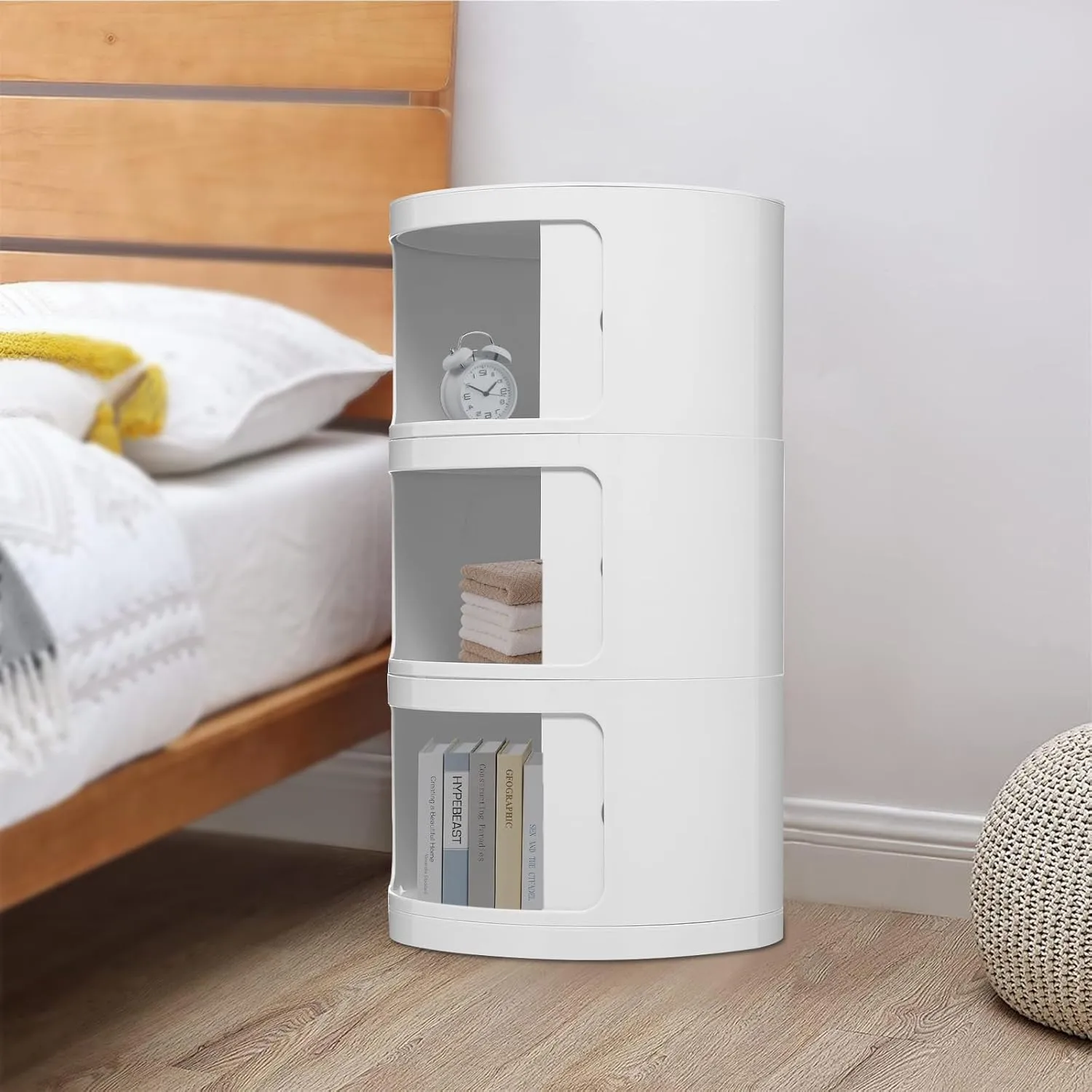 3 Tier Rounded Cabinet, Round Nightstand Detachable End Table with Storage Lightweight Side Table, Round End Table with Storage for Living Room Bedroom Bathroom Kitchen (White)