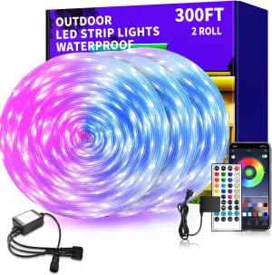 300 ft Outdoor LED Strip Lights Waterproof,IP68 Waterproof LED Light Strips with Remote,App Control Music Sync RGB Outdoor LED Rope Lights,LED Lights for Bedroom,Roof,Deck,（2 Rolls of 150ft）