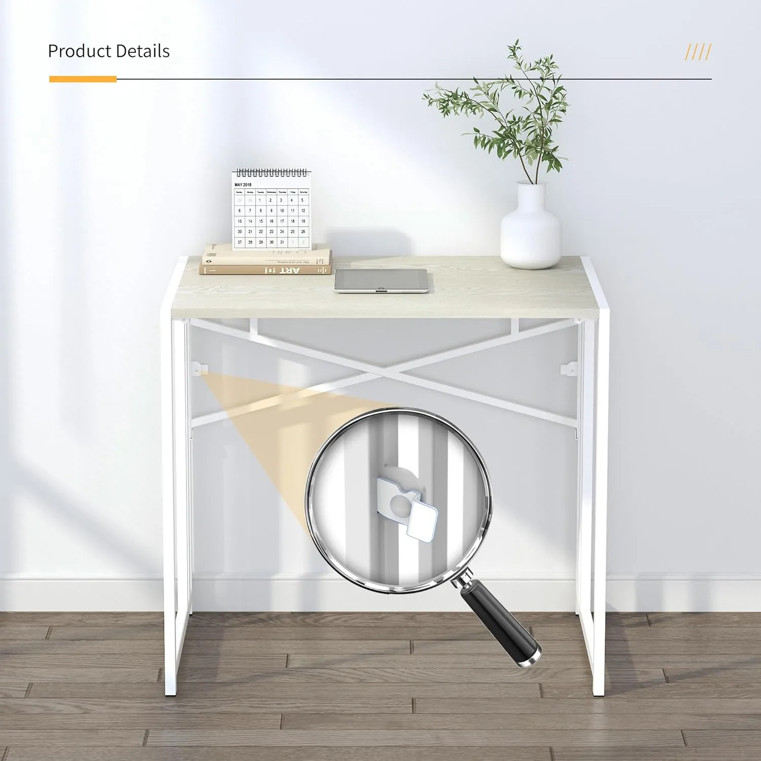 32 inch Small Folding Desk, Writing Gaming Computer Camping Desk for Small Spaces, No Assembly Required Home Office Desk, Natural and White
