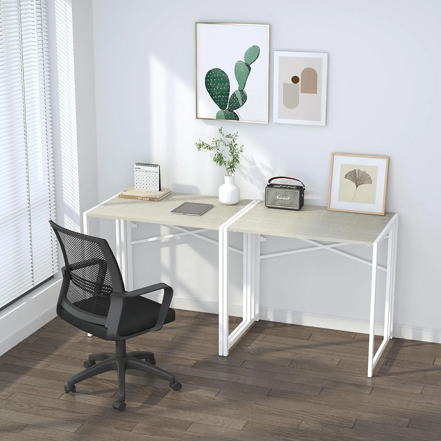 32 inch Small Folding Desk, Writing Gaming Computer Camping Desk for Small Spaces, No Assembly Required Home Office Desk, Natural and White