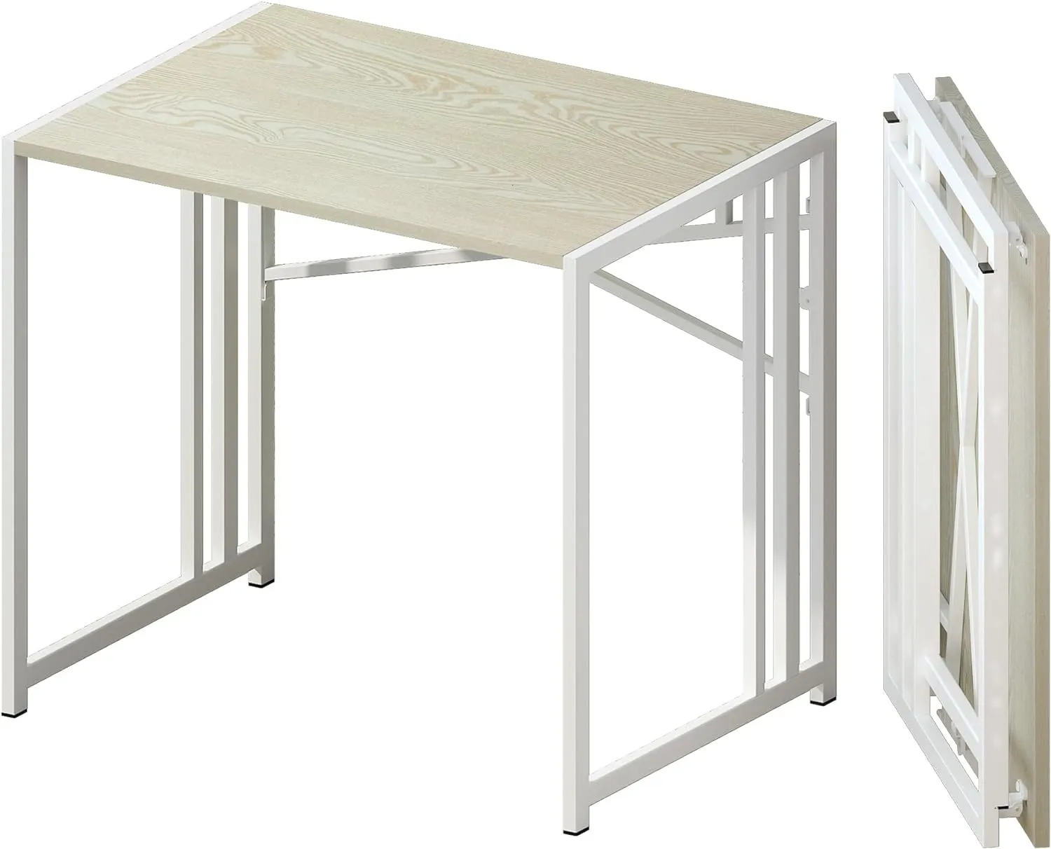 32 inch Small Folding Desk, Writing Gaming Computer Camping Desk for Small Spaces, No Assembly Required Home Office Desk, Natural and White