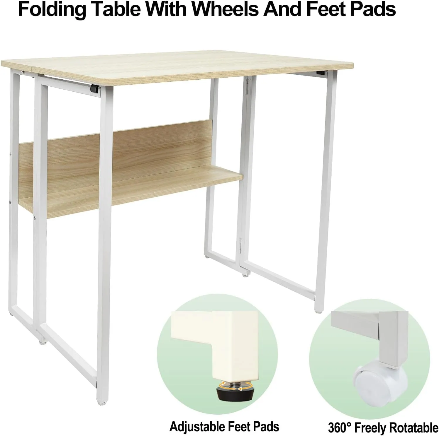 32'' Small Folding Table, Foldable Table with w/Rollers and Fixed Feets,Steel Frame and MDF Top,Couch Table for Small Space, Easy Assembly, Natural and White
