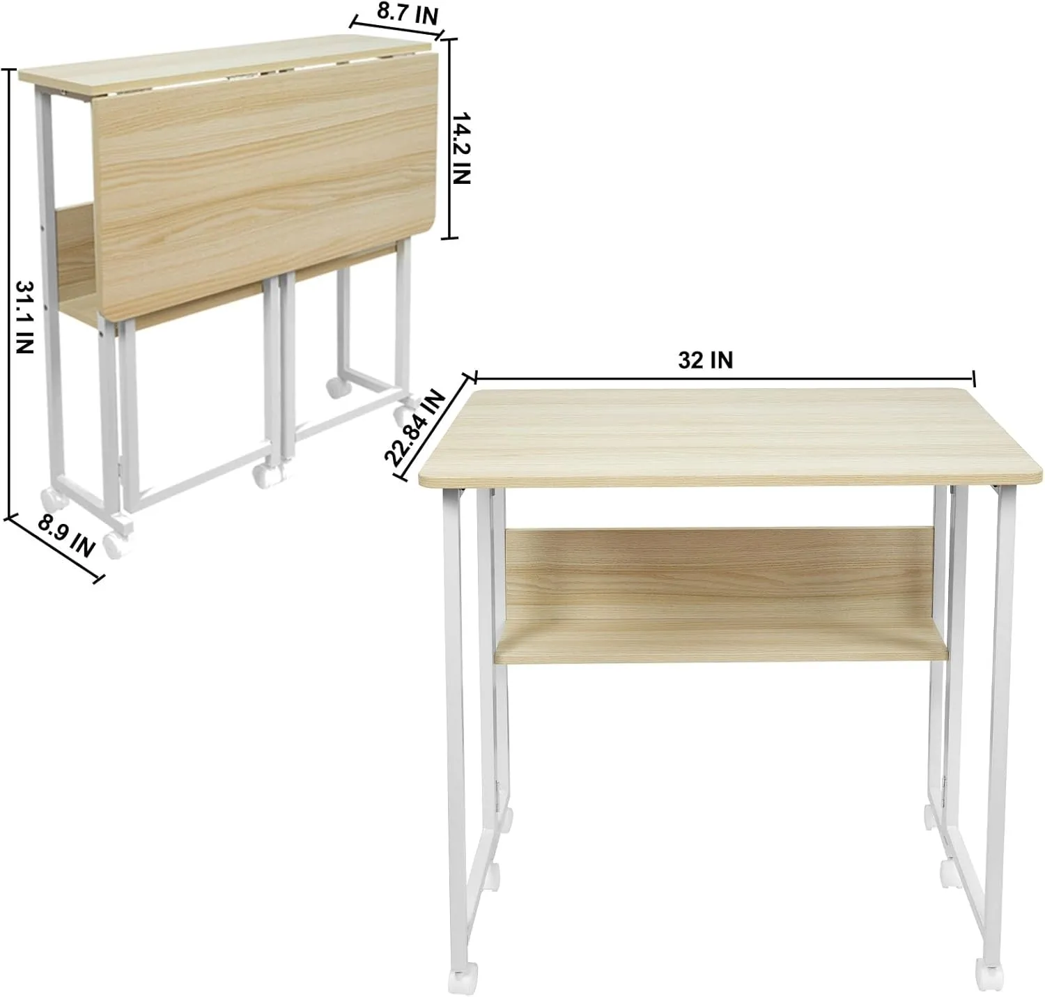 32'' Small Folding Table, Foldable Table with w/Rollers and Fixed Feets,Steel Frame and MDF Top,Couch Table for Small Space, Easy Assembly, Natural and White