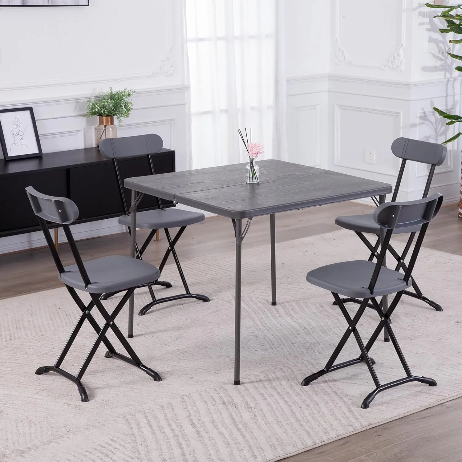 34" Square Folding Card Table, Plastic Folding Tables, Portable Fold Up Table w/Handle, Bearing 330 Lbs, Indoor and Outdoor Bi-Folding Table for Picnic, Party, Camping, Grey Woodgrain