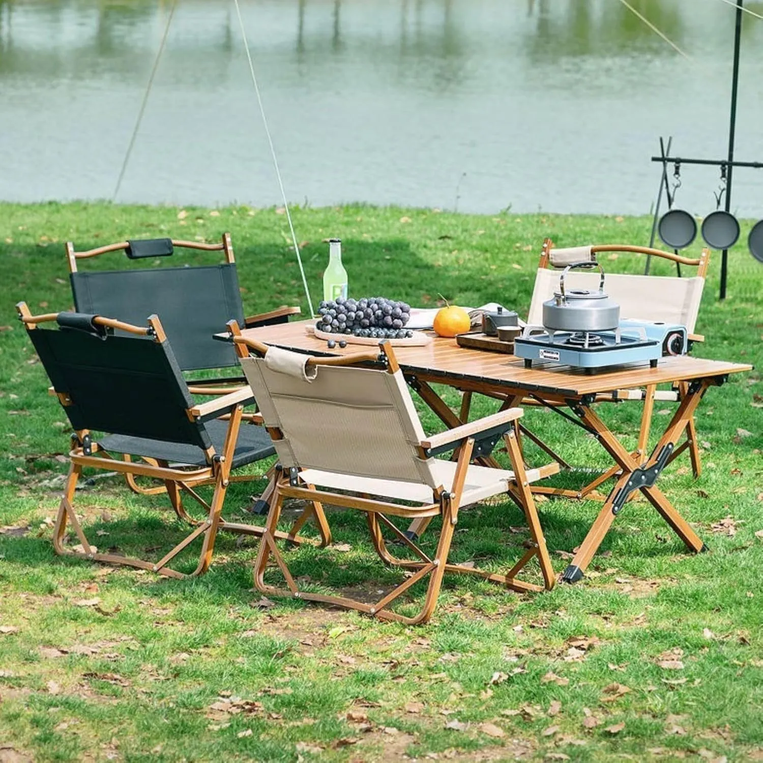 36''L Portable Rectangular Aluminum Outdoor Camping Table with Wooden Skin Roll-Up Table Top and Foldable Legs, Lightweight and Waterproof (Dark Brown)