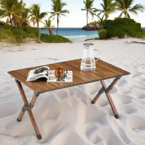 36''L Portable Rectangular Aluminum Outdoor Camping Table with Wooden Skin Roll-Up Table Top and Foldable Legs, Lightweight and Waterproof (Dark Brown)
