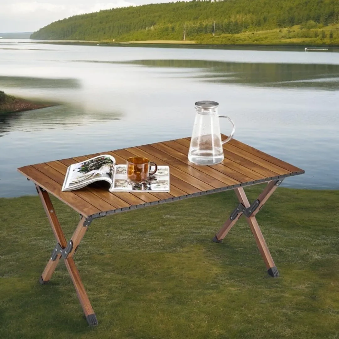 36''L Portable Rectangular Aluminum Outdoor Camping Table with Wooden Skin Roll-Up Table Top and Foldable Legs, Lightweight and Waterproof (Dark Brown)