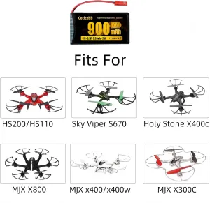 3.7V Lipo Battery 900mah Rechargeable with JST Plug for MJX Syma Holy Stone Sky Viper RC Quadcopter Drone X56W X400 X400W X300C X400C X800 HS110 HS200 S670 2 Pack RC Batteries