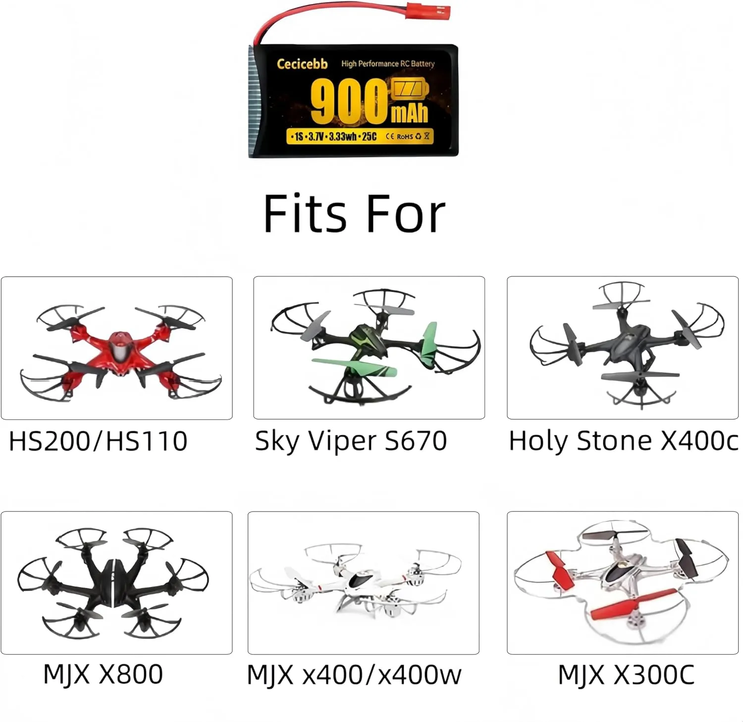 3.7V Lipo Battery 900mah Rechargeable with JST Plug for MJX Syma Holy Stone Sky Viper RC Quadcopter Drone X56W X400 X400W X300C X400C X800 HS110 HS200 S670 2 Pack RC Batteries