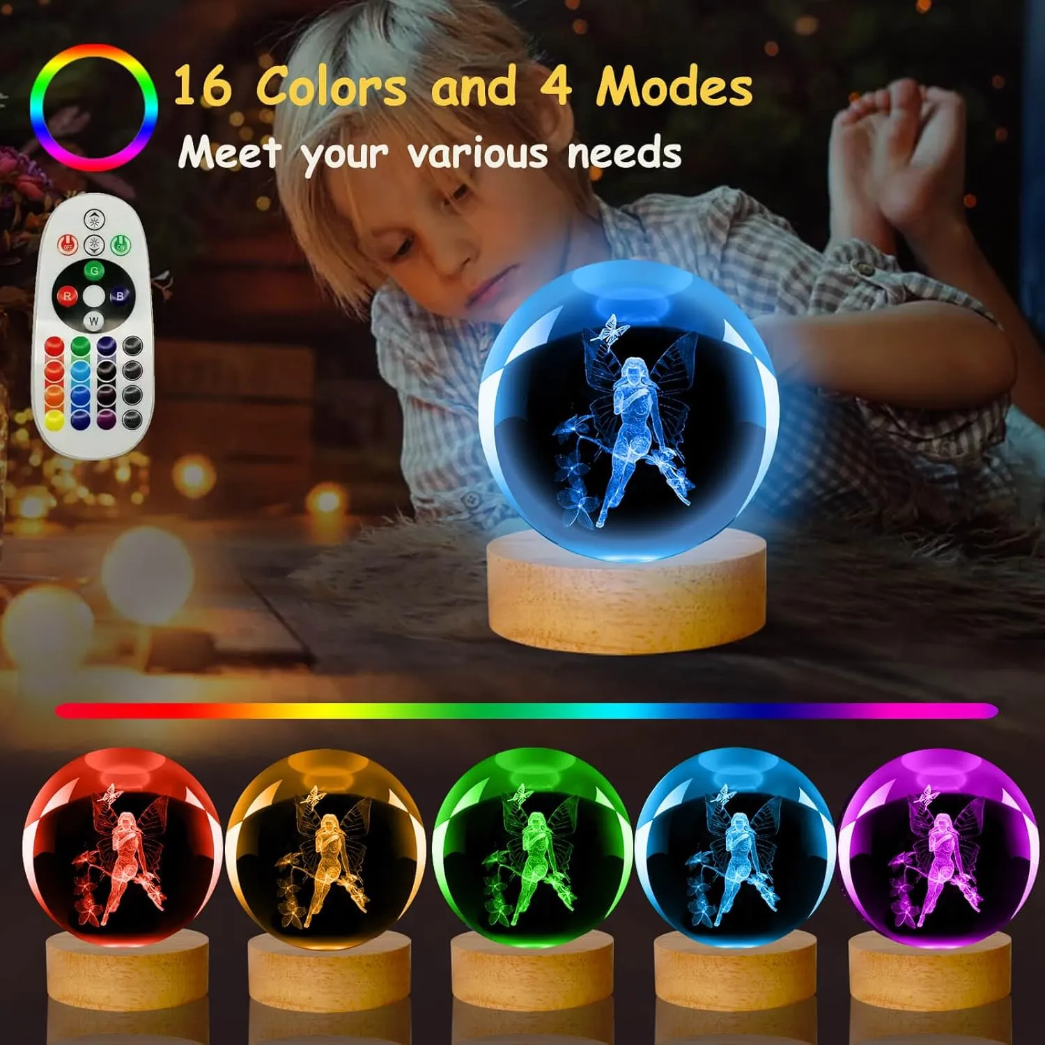 3D Butterfly Fairy Lamp, 3.15in 16 Colors Crystal Ball Night Light With Wooden Base and Remote Control, Birthday Gift for Women Men Kids