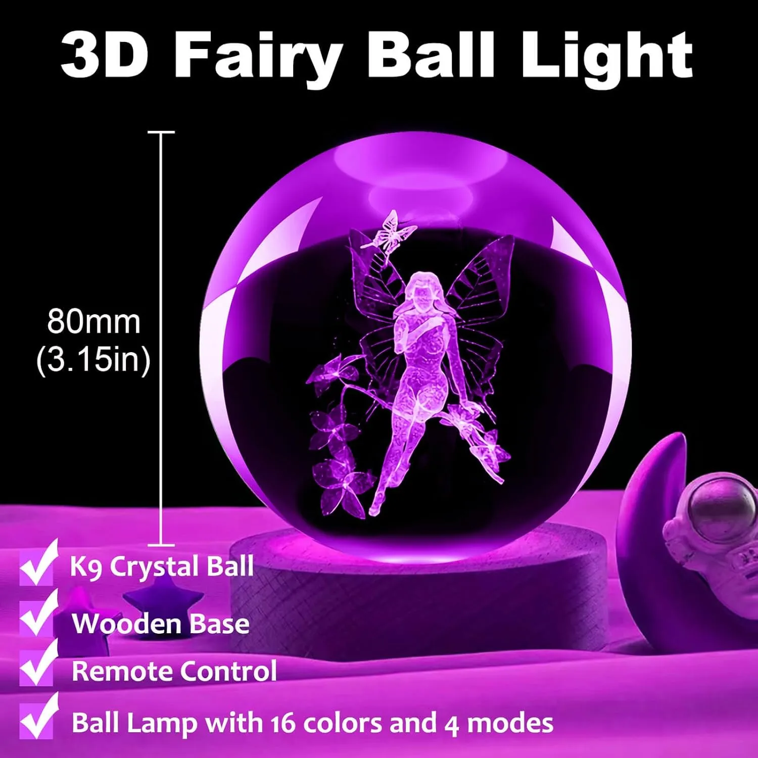 3D Butterfly Fairy Lamp, 3.15in 16 Colors Crystal Ball Night Light With Wooden Base and Remote Control, Birthday Gift for Women Men Kids