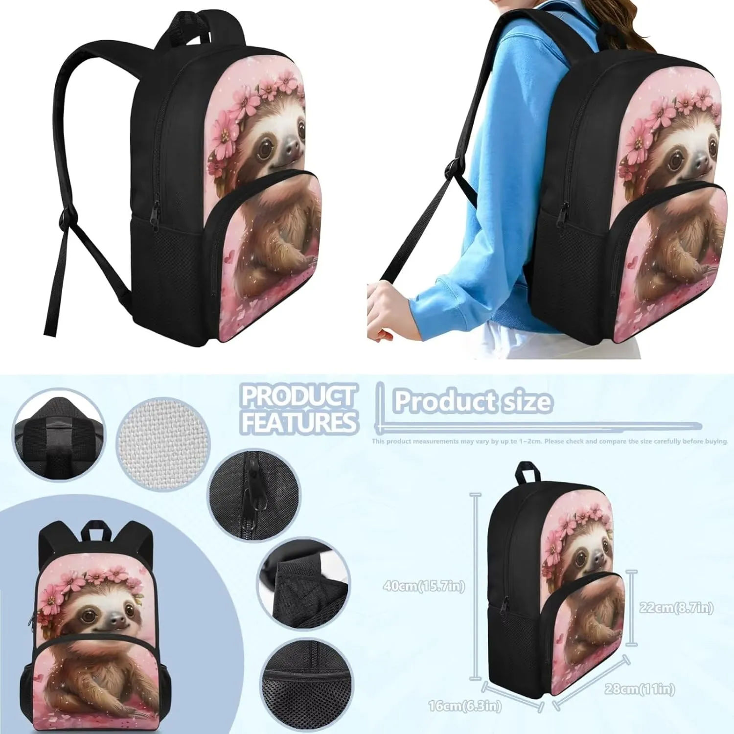 3D Sloth Floral Toddler Backpack and Lunch Box Set Boys Preschool Spill Resistant School Backpacks Travel Rucksack Book Bag Multifunctional Laptop Backpack for College High School