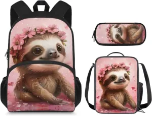 3D Sloth Floral Toddler Backpack and Lunch Box Set Boys Preschool Spill Resistant School Backpacks Travel Rucksack Book Bag Multifunctional Laptop Backpack for College High School