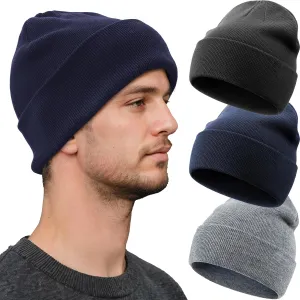 3PCS 100% Cotton Beanie Hats for Women Men, Unisex Winter Warm Knit Hat, Fisherman Slouchy Beanies Cuffed Skull Cap