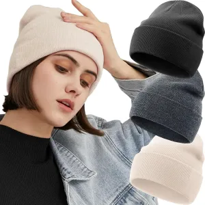 3PCS 100% Cotton Beanie Hats for Women Men, Unisex Winter Warm Knit Hat, Fisherman Slouchy Beanies Cuffed Skull Cap