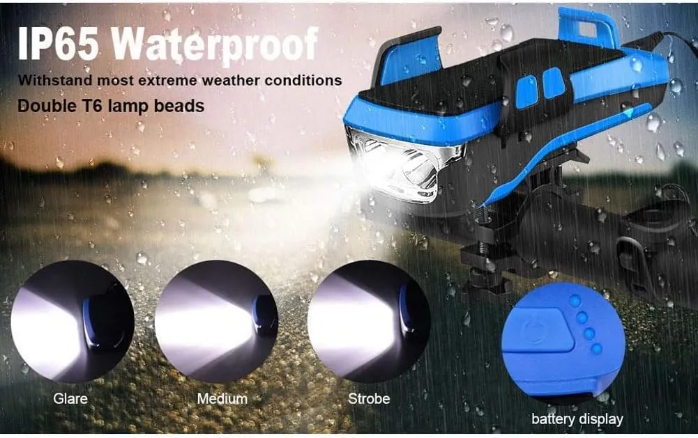 4 in 1 Multifunctional Waterproof Bike Phone Holder with Headlight 2400/4000mAh Solar Energy Rechargeable Power Bank Bicycle Bell for Men Women Kids Road Mountain Cycling