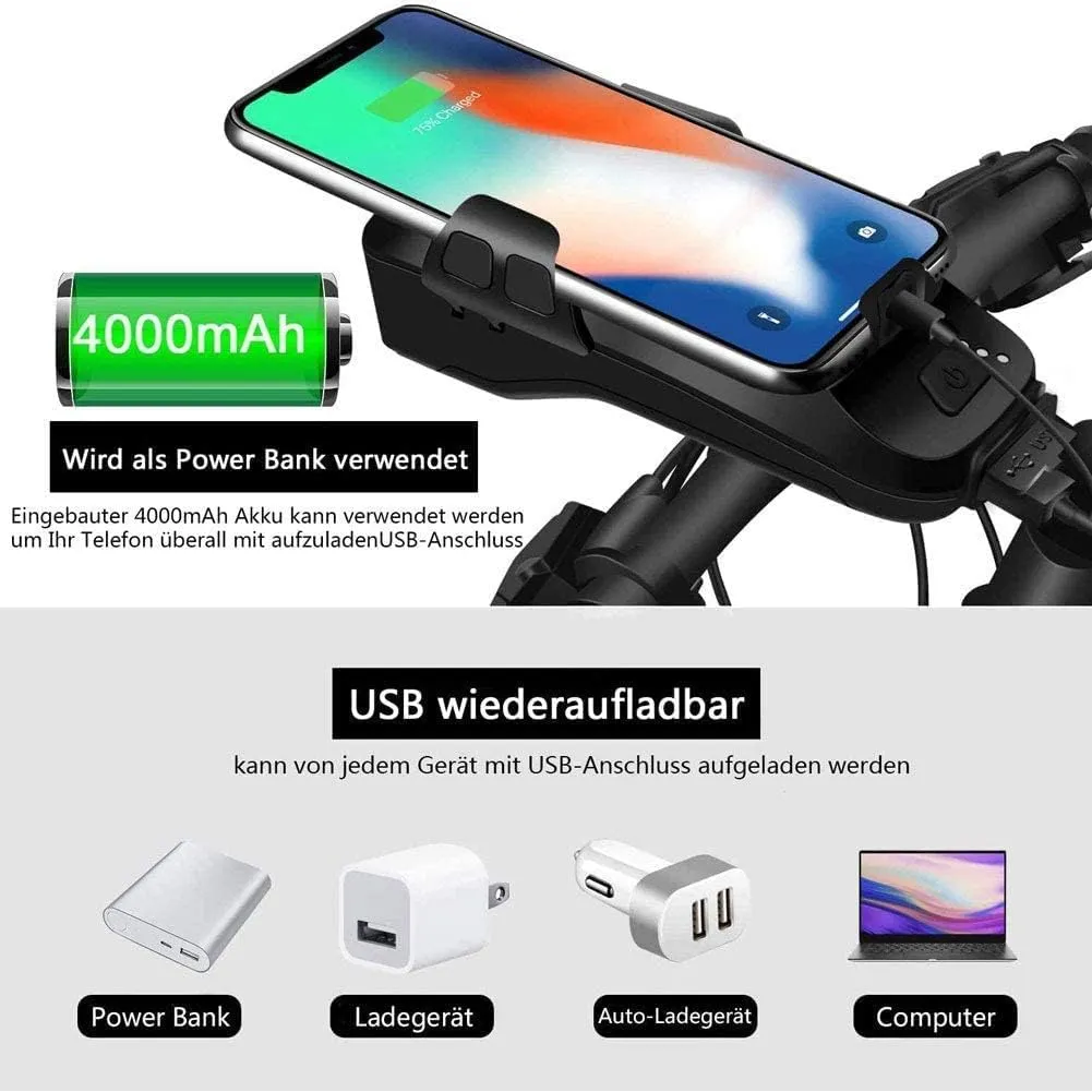 4 in 1 Multifunctional Waterproof Bike Phone Holder with Headlight 2400/4000mAh Solar Energy Rechargeable Power Bank Bicycle Bell for Men Women Kids Road Mountain Cycling