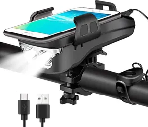 4 in 1 Multifunctional Waterproof Bike Phone Holder with Headlight 2400/4000mAh Solar Energy Rechargeable Power Bank Bicycle Bell for Men Women Kids Road Mountain Cycling