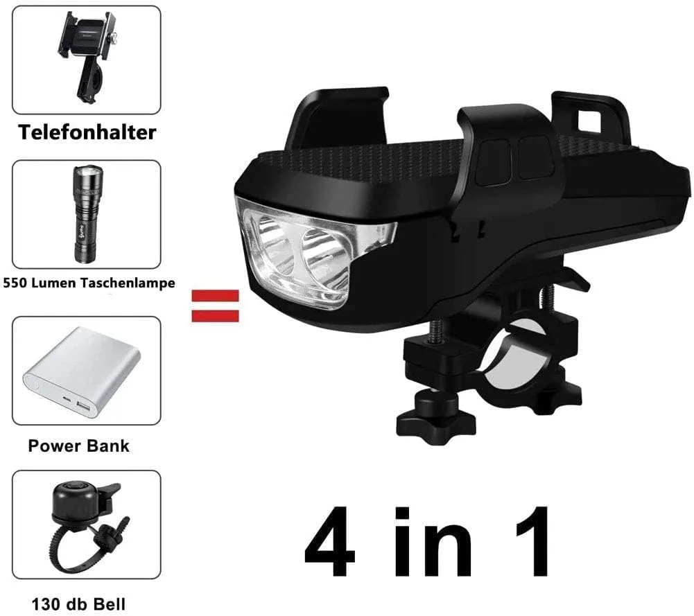 4 in 1 Multifunctional Waterproof Bike Phone Holder with Headlight 2400/4000mAh Solar Energy Rechargeable Power Bank Bicycle Bell for Men Women Kids Road Mountain Cycling