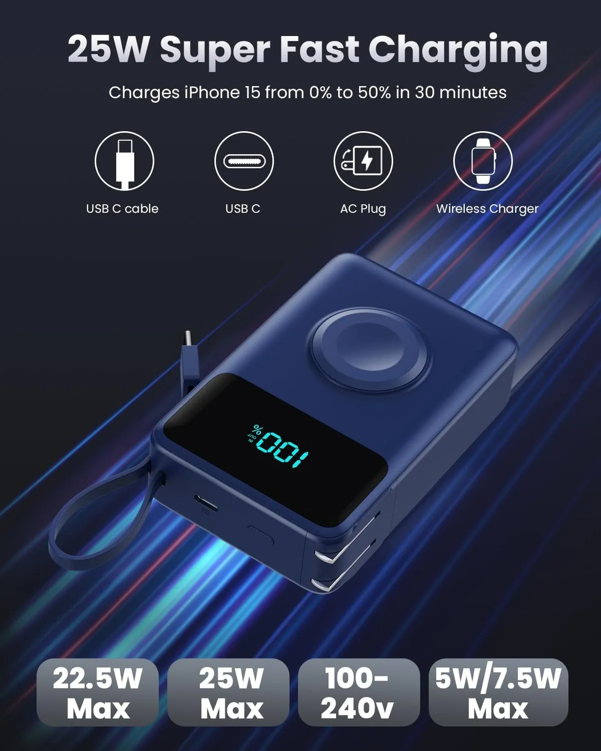 4-in-1 Portable Charger With Built-in Wall Plug&USB-C Cables,10800mAh Power Bank with iWatch Charger,QC4.0 PD 25W Fast Charging Battery Pack,Travel Essentials for iPhone 16/15,Apple Watch,Android etc