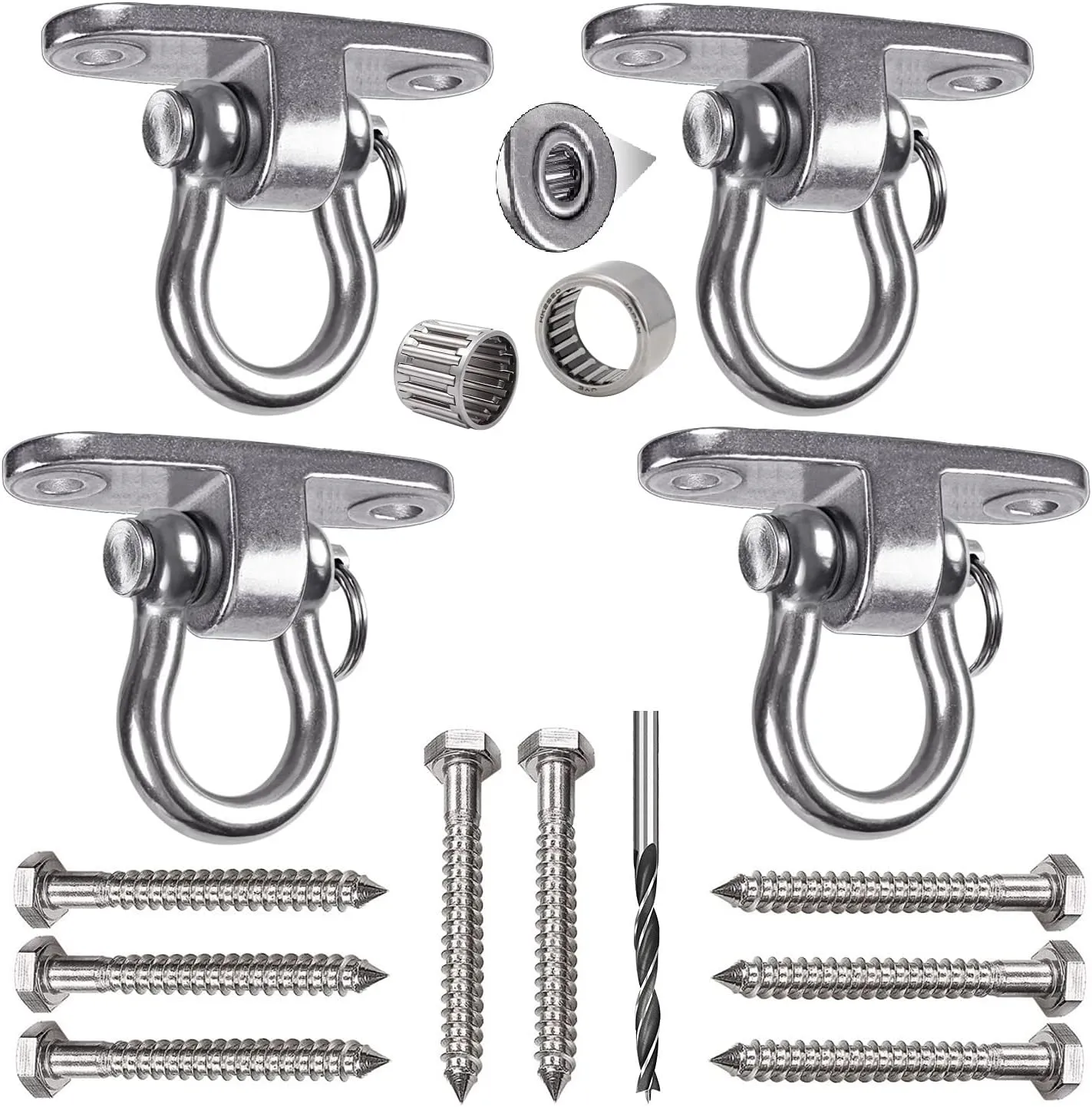 4 Sets of Silent Bearing Swing Rack, Stainless Steel Heavy Duty 180° Swivel Swing Hook, Suspension up to 1500LB Yoga Hammock Chair Rope Swing sandbag Suspension