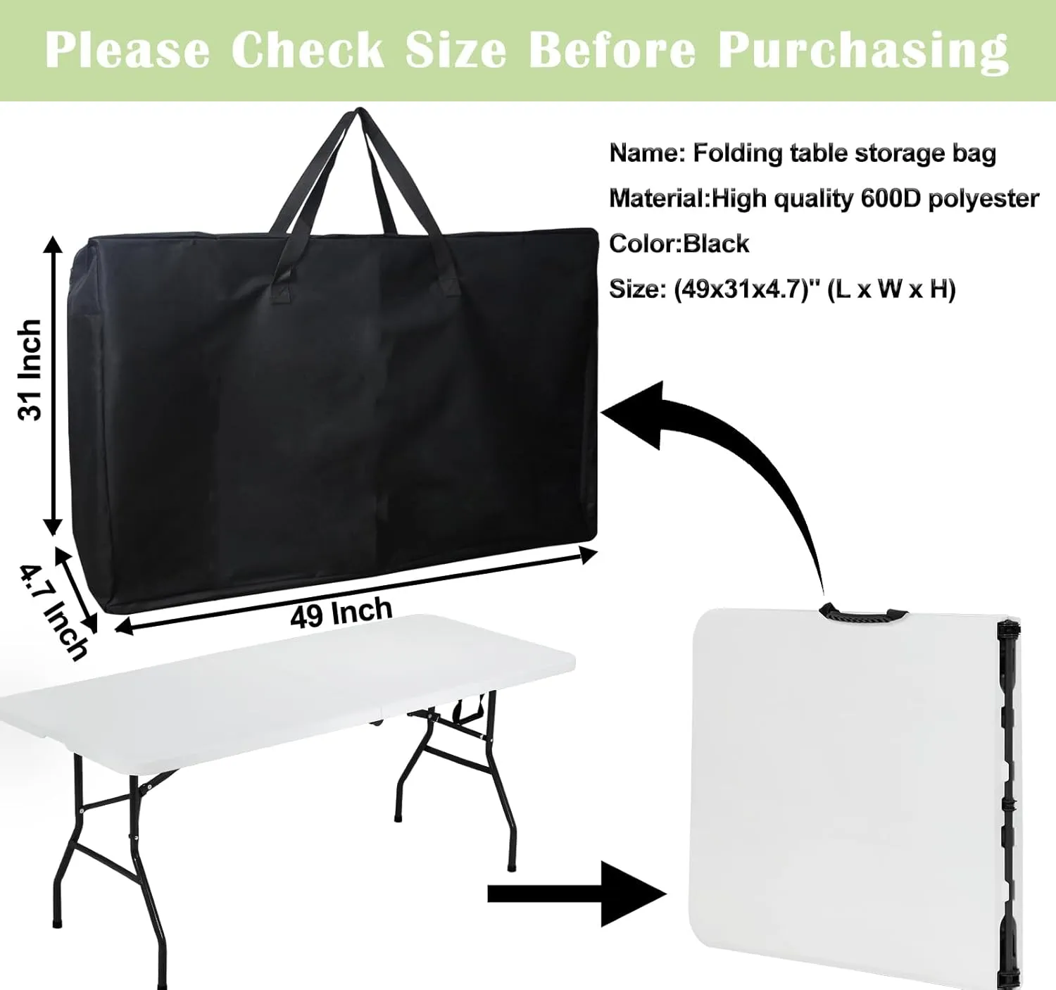 4/6/ 8 Foot Folding Table Storage Bag, Waterproof Heavy Duty Large Carrying Bag for Folding Tables, Picnic/Camp Tables Cover with Durable Zipper & Shoulder Strap, 31" D X 49" W X4.7 H, Black