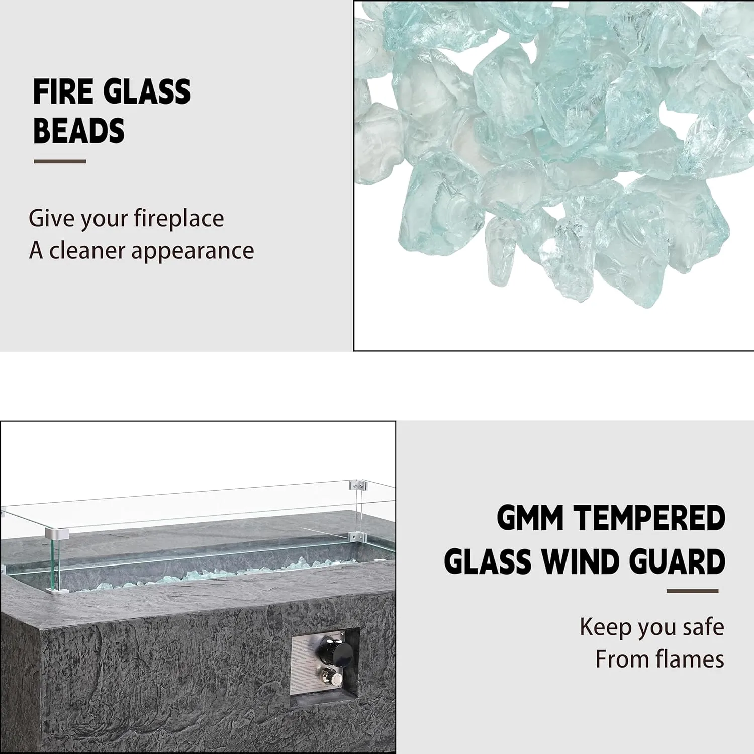 48 Inch Propane Fire Pit Table, Outdoor Rectangle Fire Table w Tank Table (50,000 BTU), 3 Piece Slate Gas Fire Pit in Dark Grey w Glass Wind Guard and White Fire Glass for Garden, Backyard