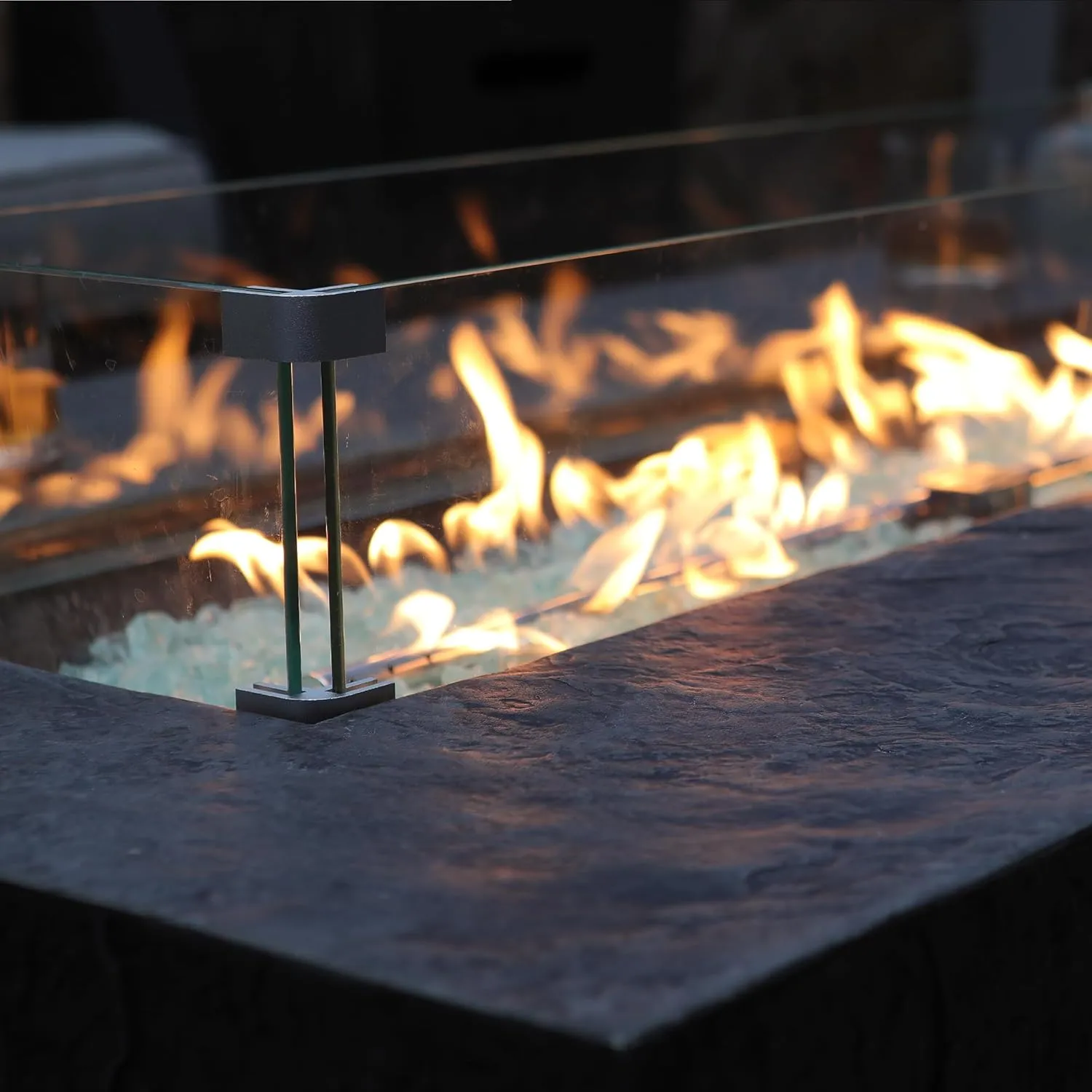 48 Inch Propane Fire Pit Table, Outdoor Rectangle Fire Table w Tank Table (50,000 BTU), 3 Piece Slate Gas Fire Pit in Dark Grey w Glass Wind Guard and White Fire Glass for Garden, Backyard