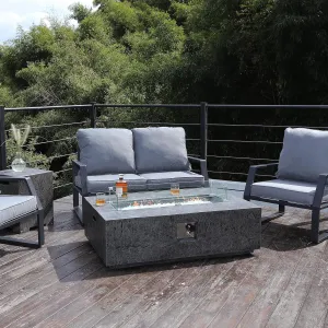 48 Inch Propane Fire Pit Table, Outdoor Rectangle Fire Table w Tank Table (50,000 BTU), 3 Piece Slate Gas Fire Pit in Dark Grey w Glass Wind Guard and White Fire Glass for Garden, Backyard