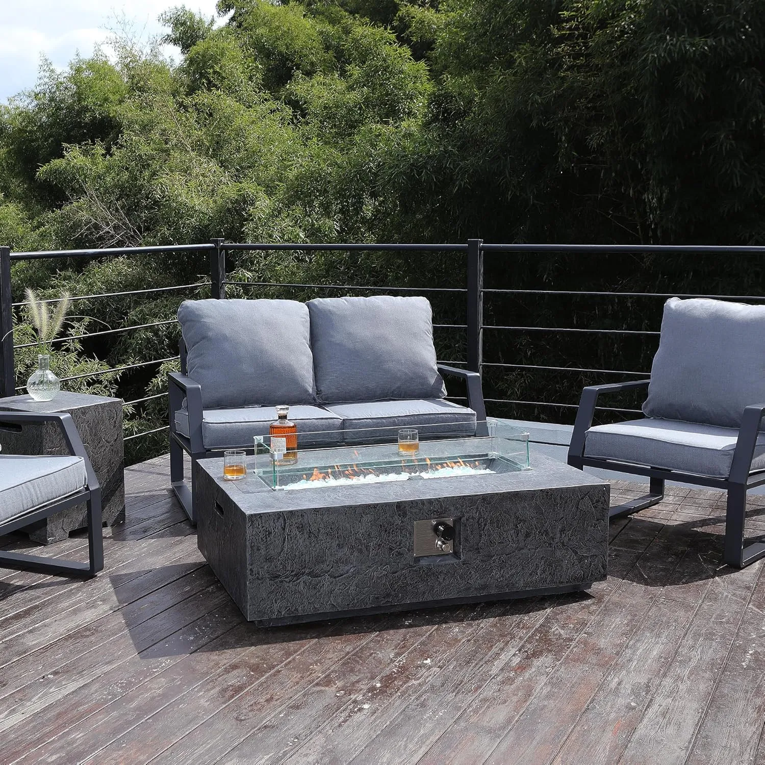48 Inch Propane Fire Pit Table, Outdoor Rectangle Fire Table w Tank Table (50,000 BTU), 3 Piece Slate Gas Fire Pit in Dark Grey w Glass Wind Guard and White Fire Glass for Garden, Backyard
