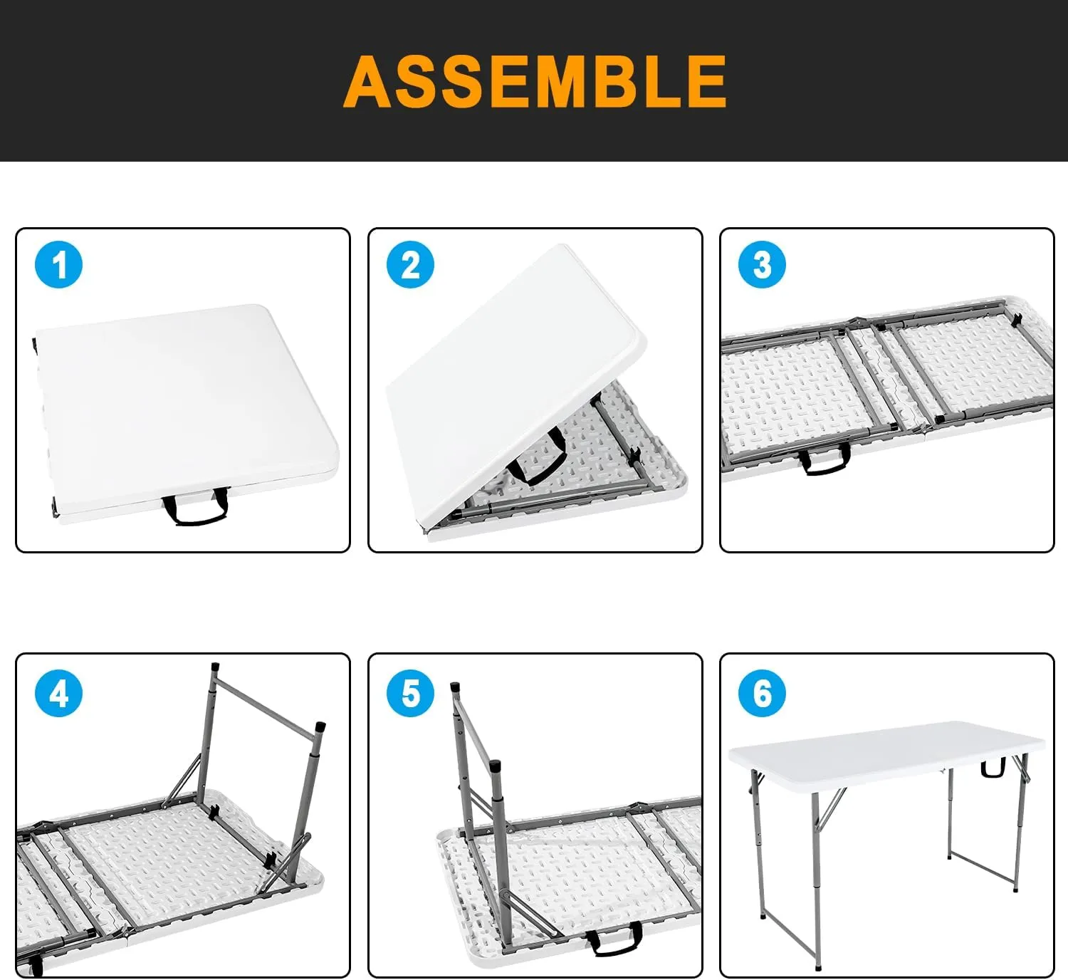 48" W x 24" D x 29.5" H - 4FT Adjustable Height Heavy Duty Plastic Fold-in-Half Foldable Table，White Portable Folding Table with Carrying Handle for Camping & Party