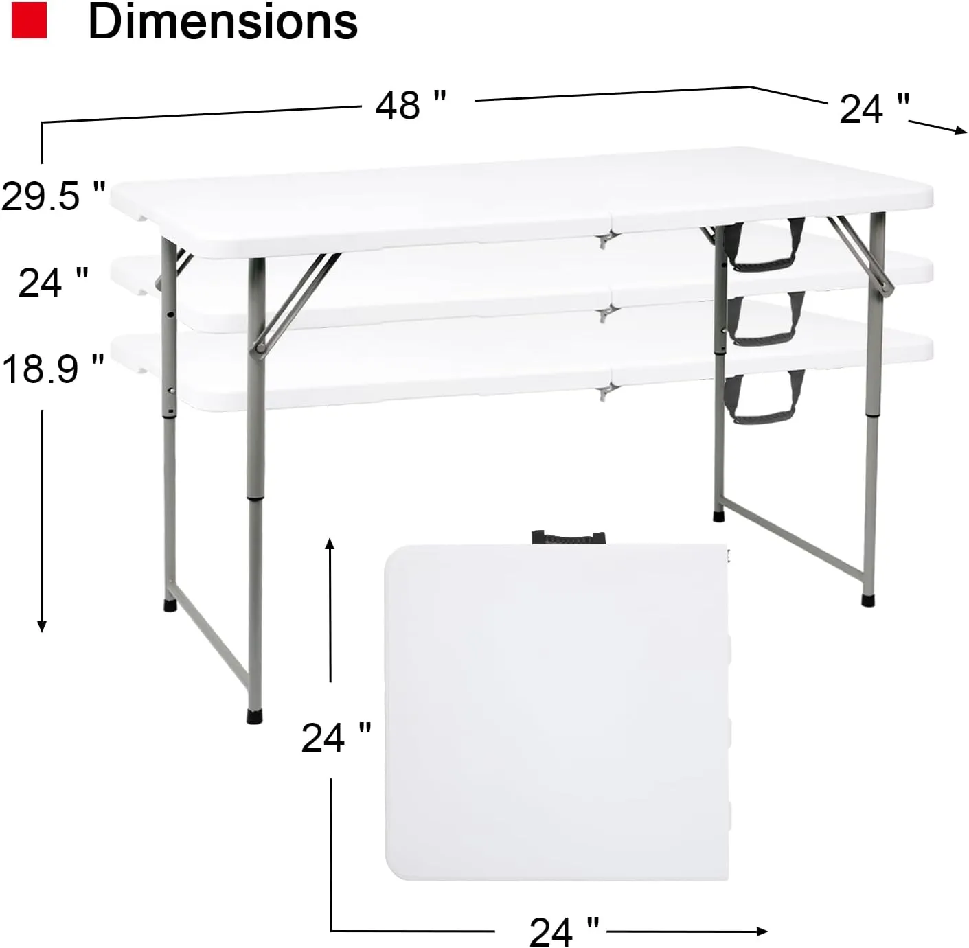 48" W x 24" D x 29.5" H - 4FT Adjustable Height Heavy Duty Plastic Fold-in-Half Foldable Table，White Portable Folding Table with Carrying Handle for Camping & Party