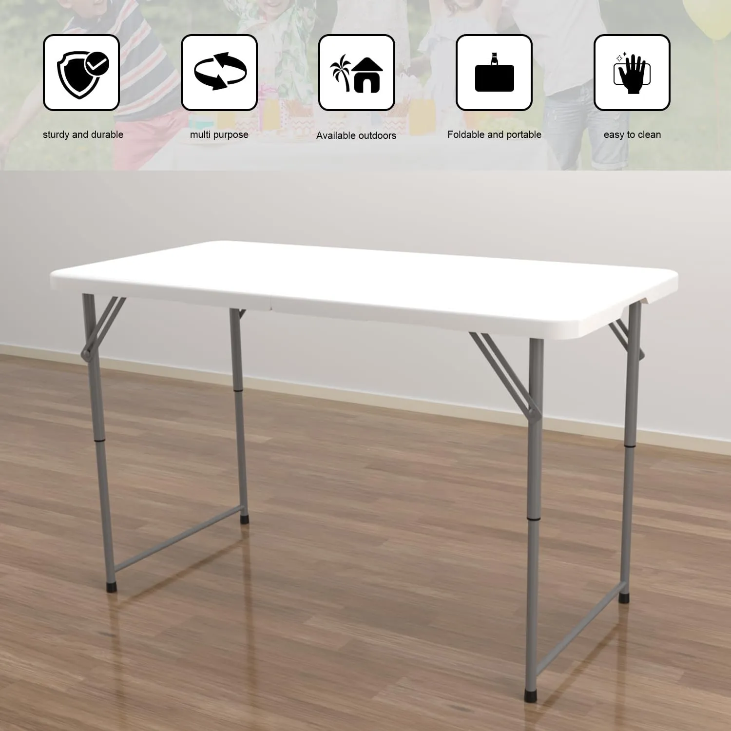 48" W x 24" D x 29.5" H - 4FT Adjustable Height Heavy Duty Plastic Fold-in-Half Foldable Table，White Portable Folding Table with Carrying Handle for Camping & Party