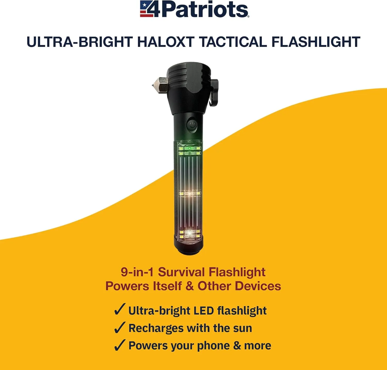 4Patriots HaloXT Emergency Solar Tactical Flashlight: Multi-Functional with Power Bank - 4 Pack
