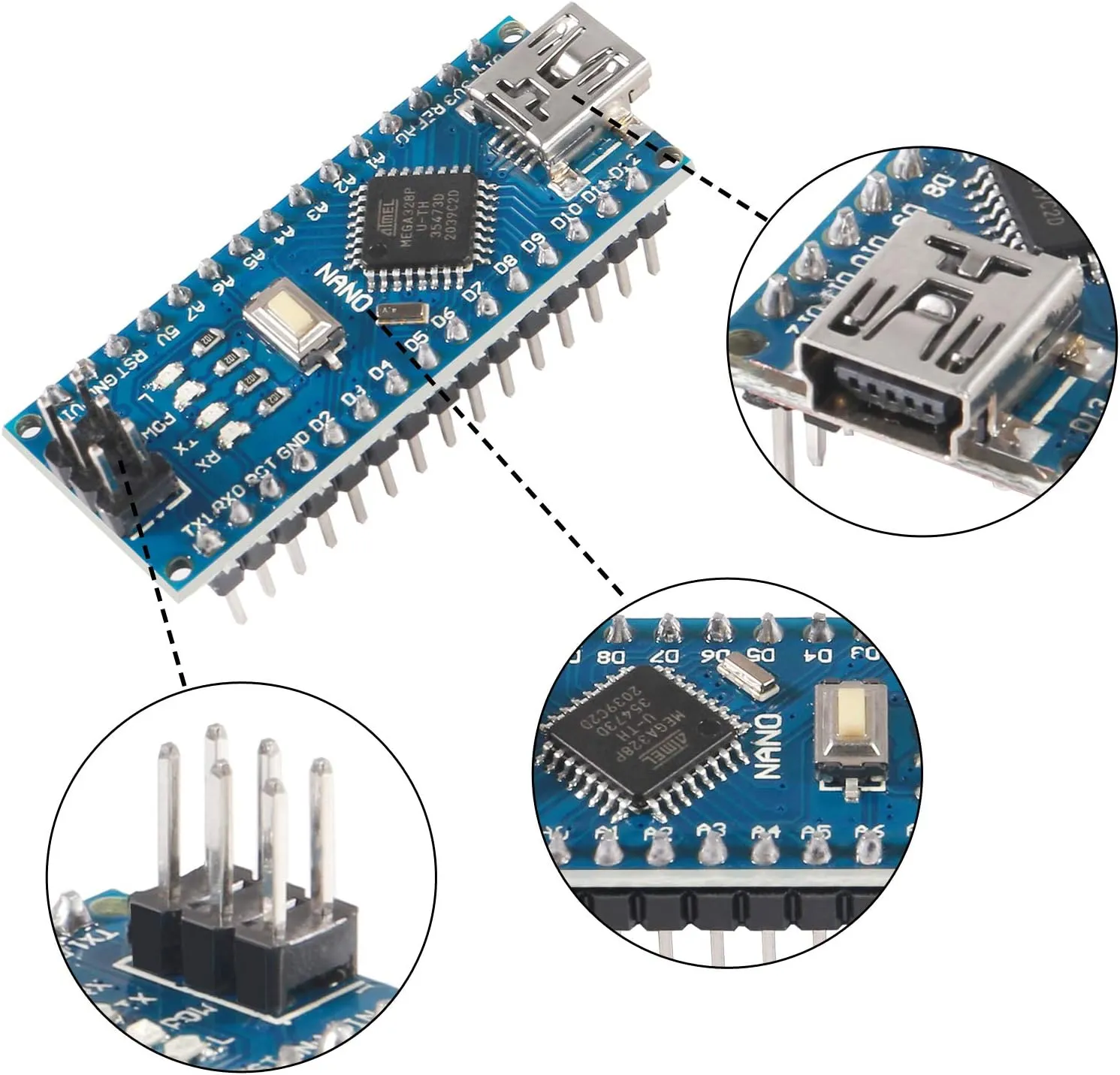 4PCS Dorhea for Nano V3.0 ATMEGA328P Module CH340C Chip 5V 16MHz Mini USB Micro-Controller Board with USB Cable