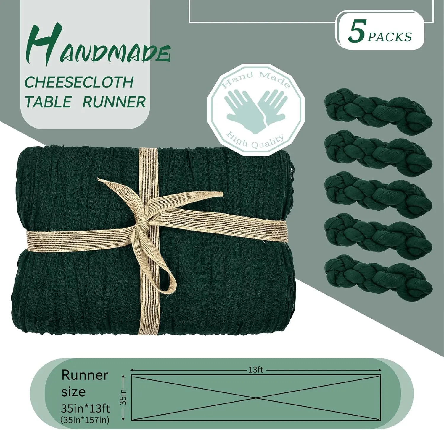 5 Packs Emerald Green Cheesecloth Table Runner, 10Ft x 35" Dark Green Rustic Gauze Boho Table Runner for Party, Forest Green Wedding Table Decor Table Cloth for Wedding Party Bridal Shower Table