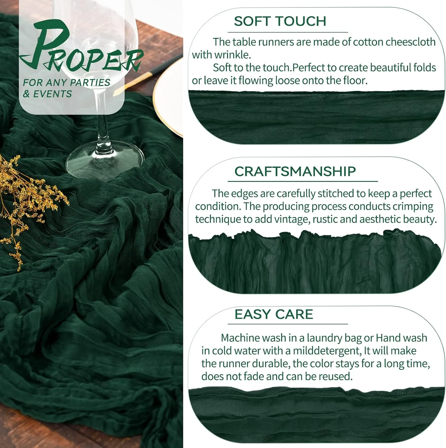 5 Packs Emerald Green Cheesecloth Table Runner, 10Ft x 35" Dark Green Rustic Gauze Boho Table Runner for Party, Forest Green Wedding Table Decor Table Cloth for Wedding Party Bridal Shower Table