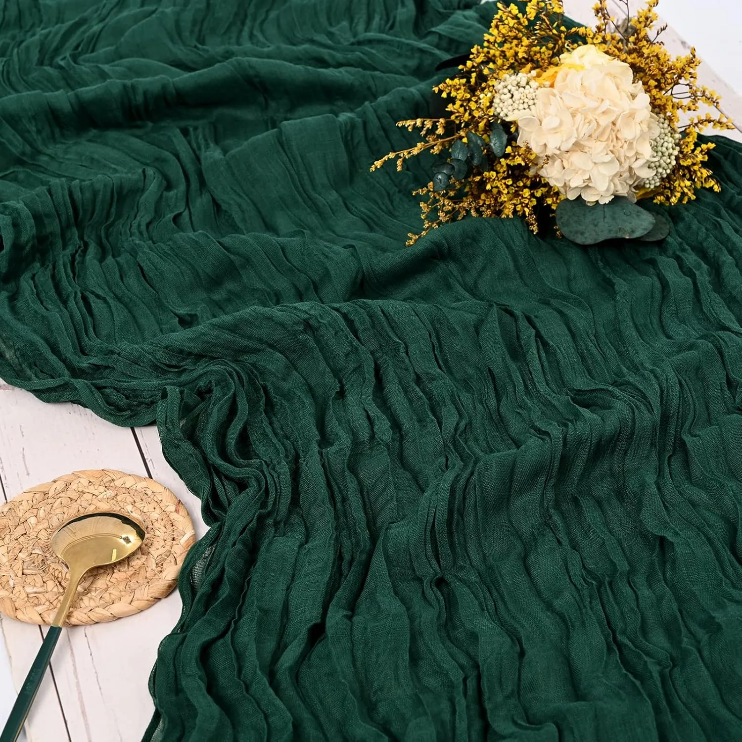 5 Packs Emerald Green Cheesecloth Table Runner, 10Ft x 35" Dark Green Rustic Gauze Boho Table Runner for Party, Forest Green Wedding Table Decor Table Cloth for Wedding Party Bridal Shower Table
