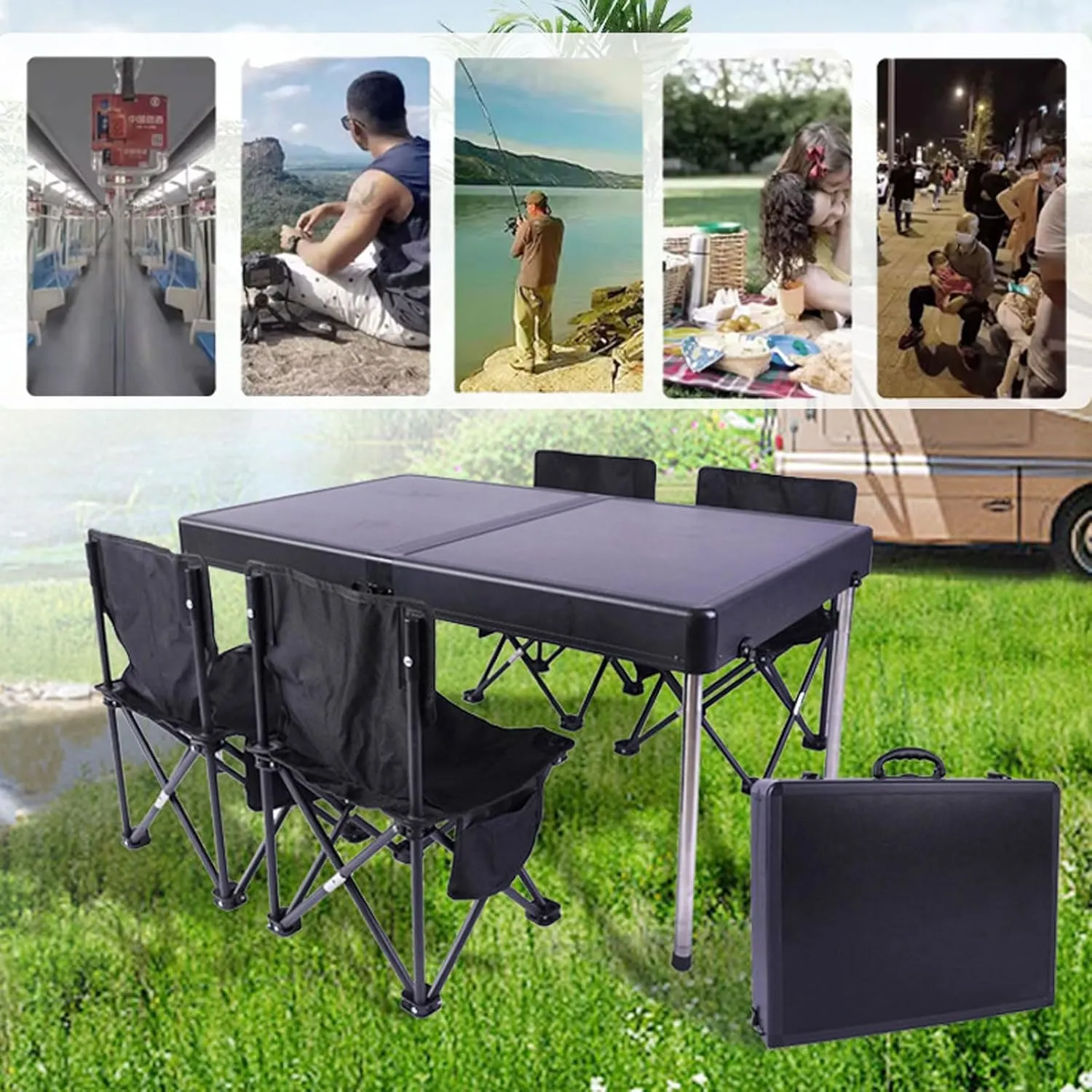 5 PCS Folding Table and airs,Black Portable Camping Table Foldable Picnic Table and 4 airs, Aluminum Folding Table for Bea Fishing Hiking Activities
