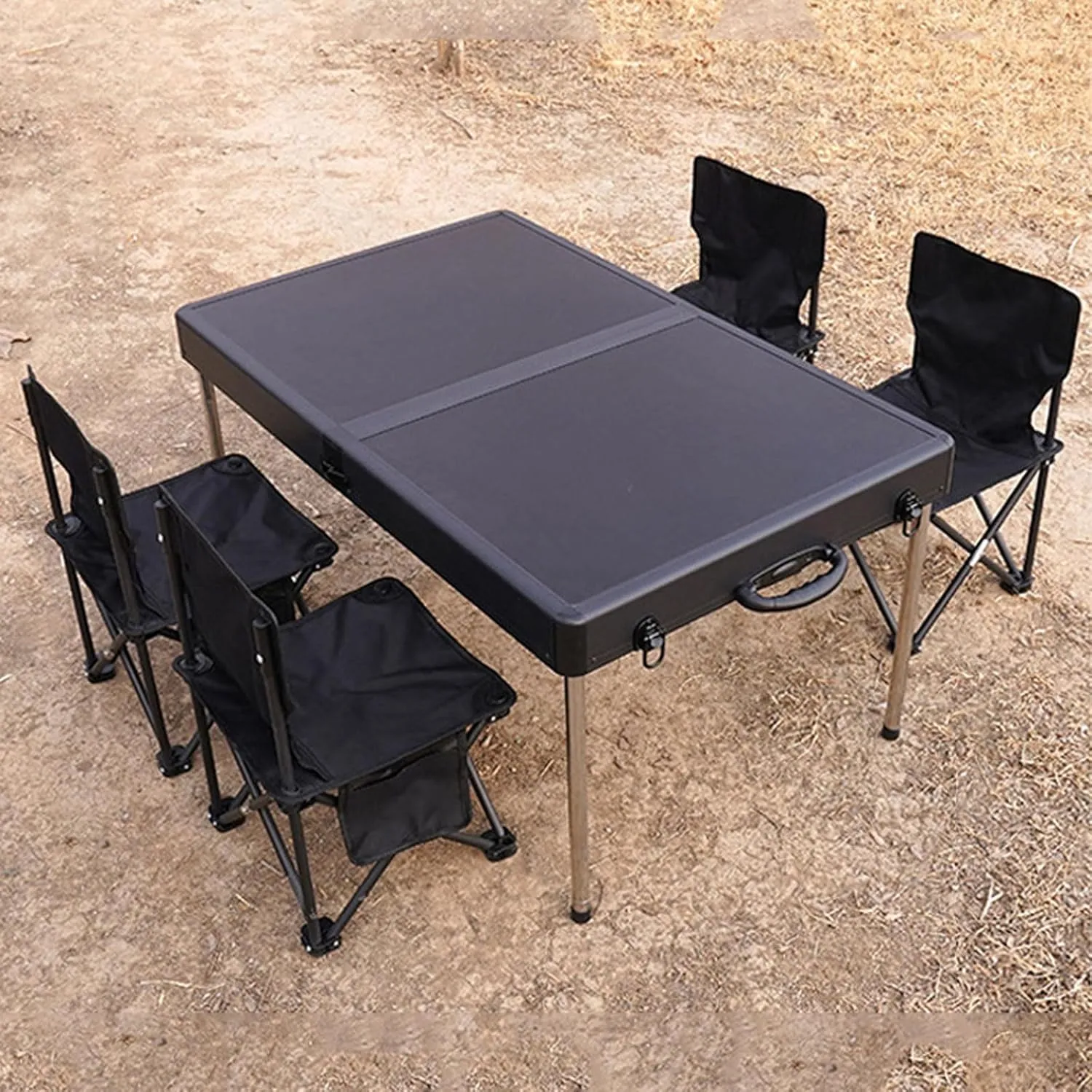 5 PCS Folding Table and airs,Black Portable Camping Table Foldable Picnic Table and 4 airs, Aluminum Folding Table for Bea Fishing Hiking Activities