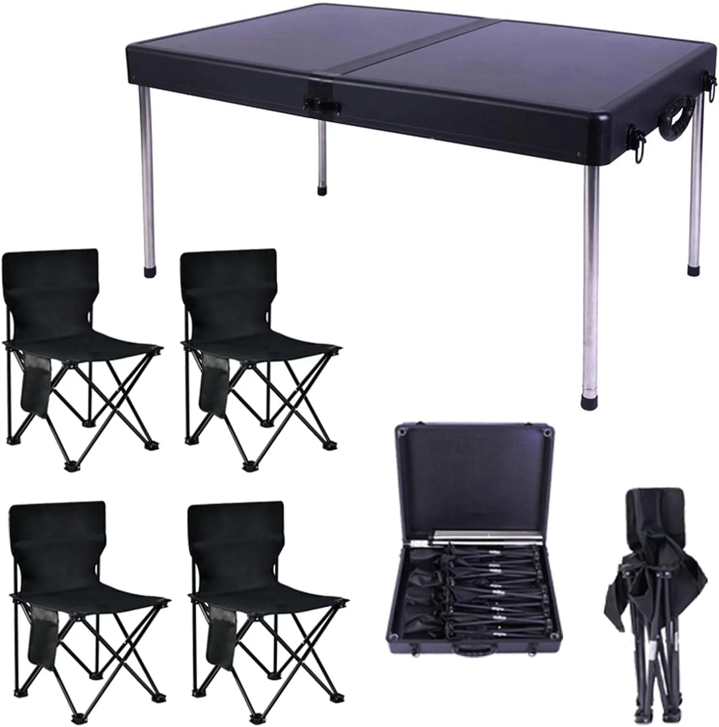 5 PCS Folding Table and airs,Black Portable Camping Table Foldable Picnic Table and 4 airs, Aluminum Folding Table for Bea Fishing Hiking Activities