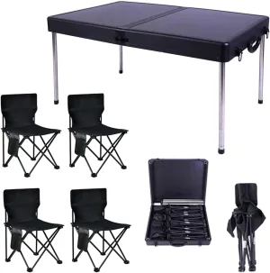 5 PCS Folding Table and airs,Black Portable Camping Table Foldable Picnic Table and 4 airs, Aluminum Folding Table for Bea Fishing Hiking Activities