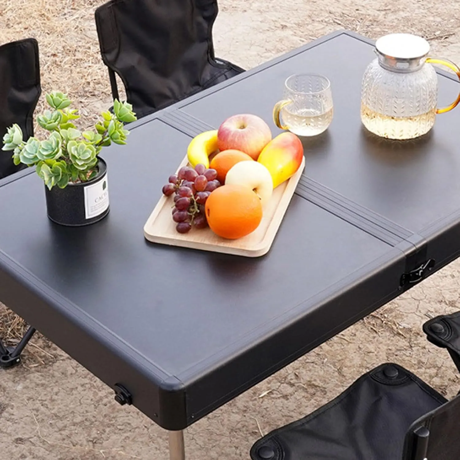5 PCS Folding Table and airs,Black Portable Camping Table Foldable Picnic Table and 4 airs, Aluminum Folding Table for Bea Fishing Hiking Activities