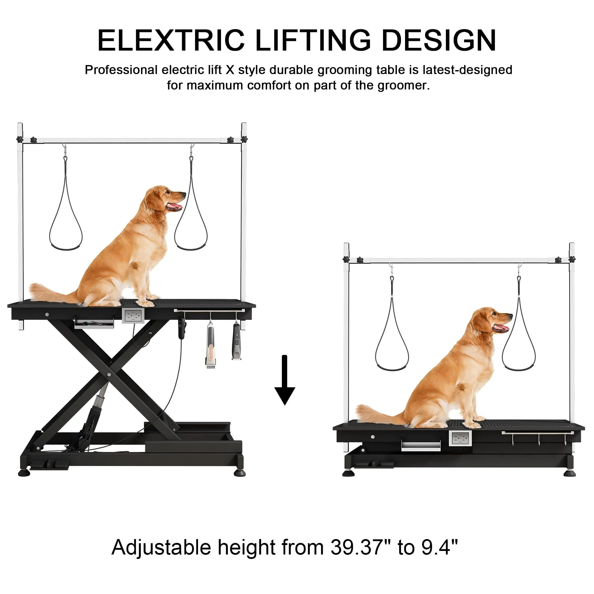 50" Electric Dog Grooming Table 9"- 40" Height Adjustable Heavy Duty Professional Lift Dog Grooming Table For Large Dogs with Anti-Static Non-Slip Rubber Tabletop 2 Grooming Nooses Black